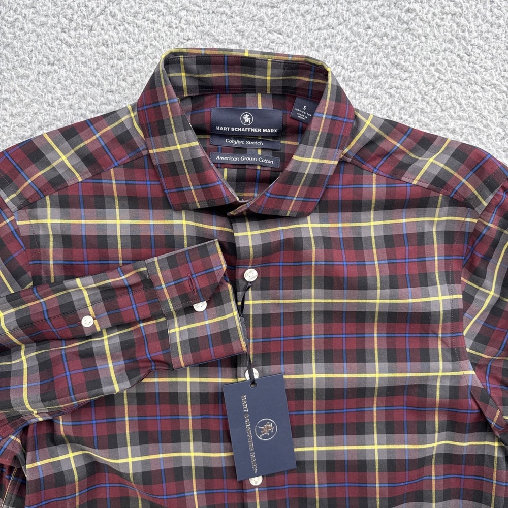 Hart Schaffner Marx Comfort Stretch Shirt Mens Small Plaid L/S Burgundy Grey